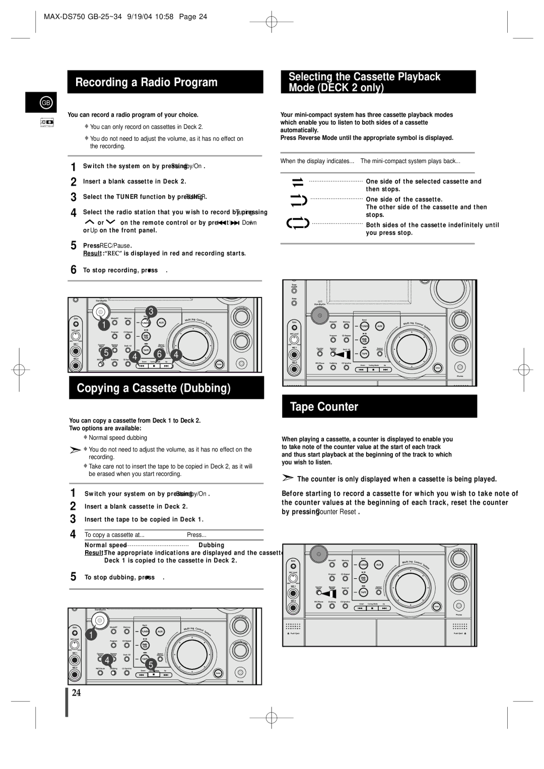 Samsung MAXDS750TH/ESN manual Recording a Radio Program, Copying a Cassette Dubbing, Tape Counter 