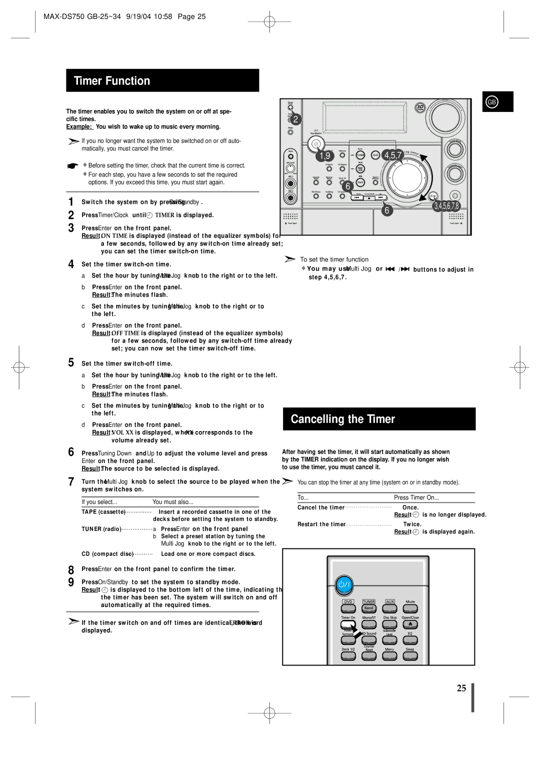 Samsung MAXDS750TH/ESN manual Timer Function, Cancelling the Timer, If you select You must also, To set the timer function 