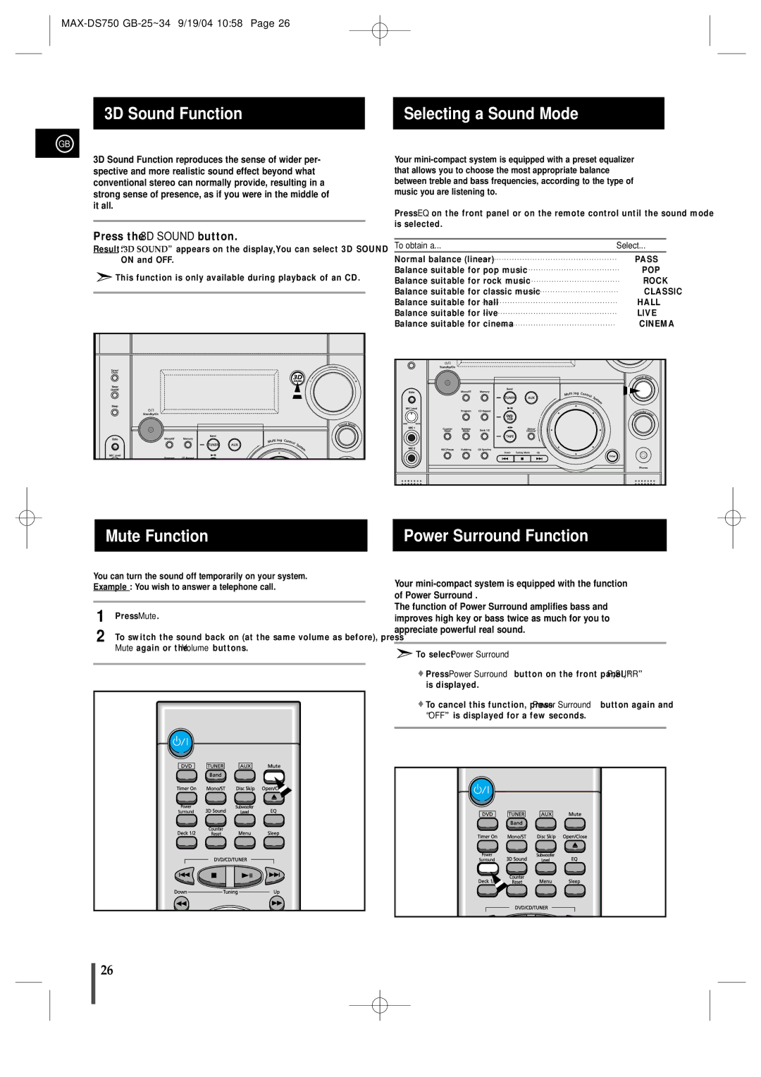 Samsung MAXDS750TH/ESN manual 3D Sound Function, Selecting a Sound Mode, Mute Function, Power Surround Function 