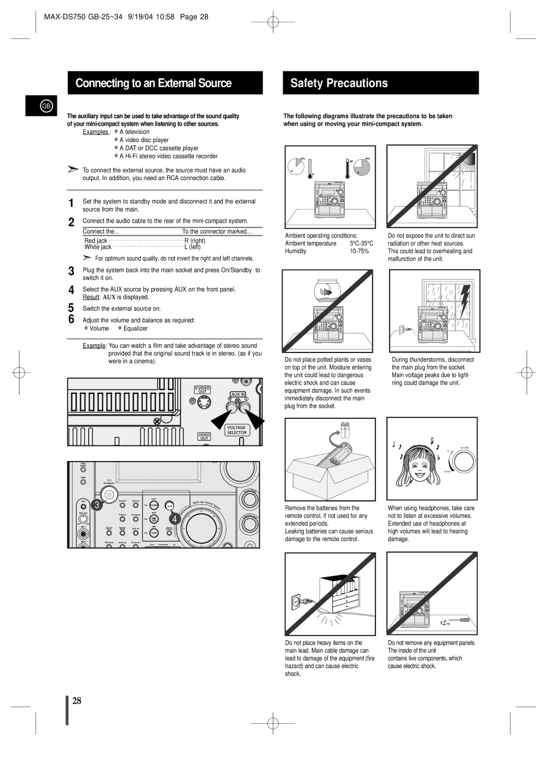 Samsung MAXDS750TH/ESN manual Connecting to an External Source Safety Precautions 