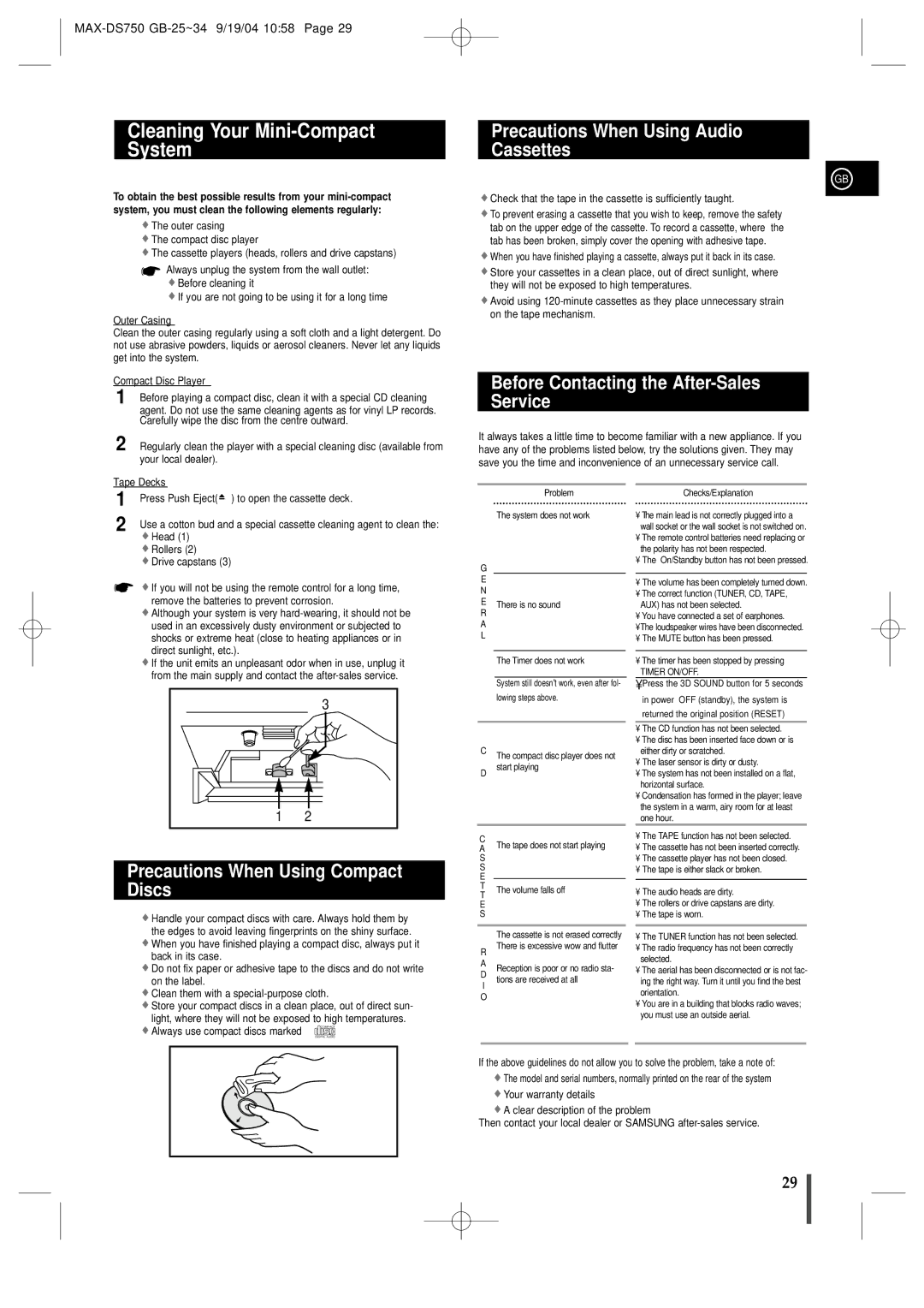 Samsung MAXDS750TH/ESN manual Cleaning Your Mini-Compact System, Precautions When Using Audio Cassettes 