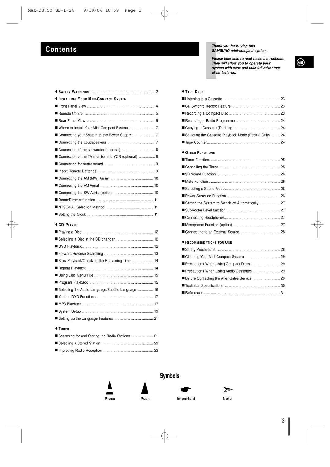 Samsung MAXDS750TH/ESN manual Contents 