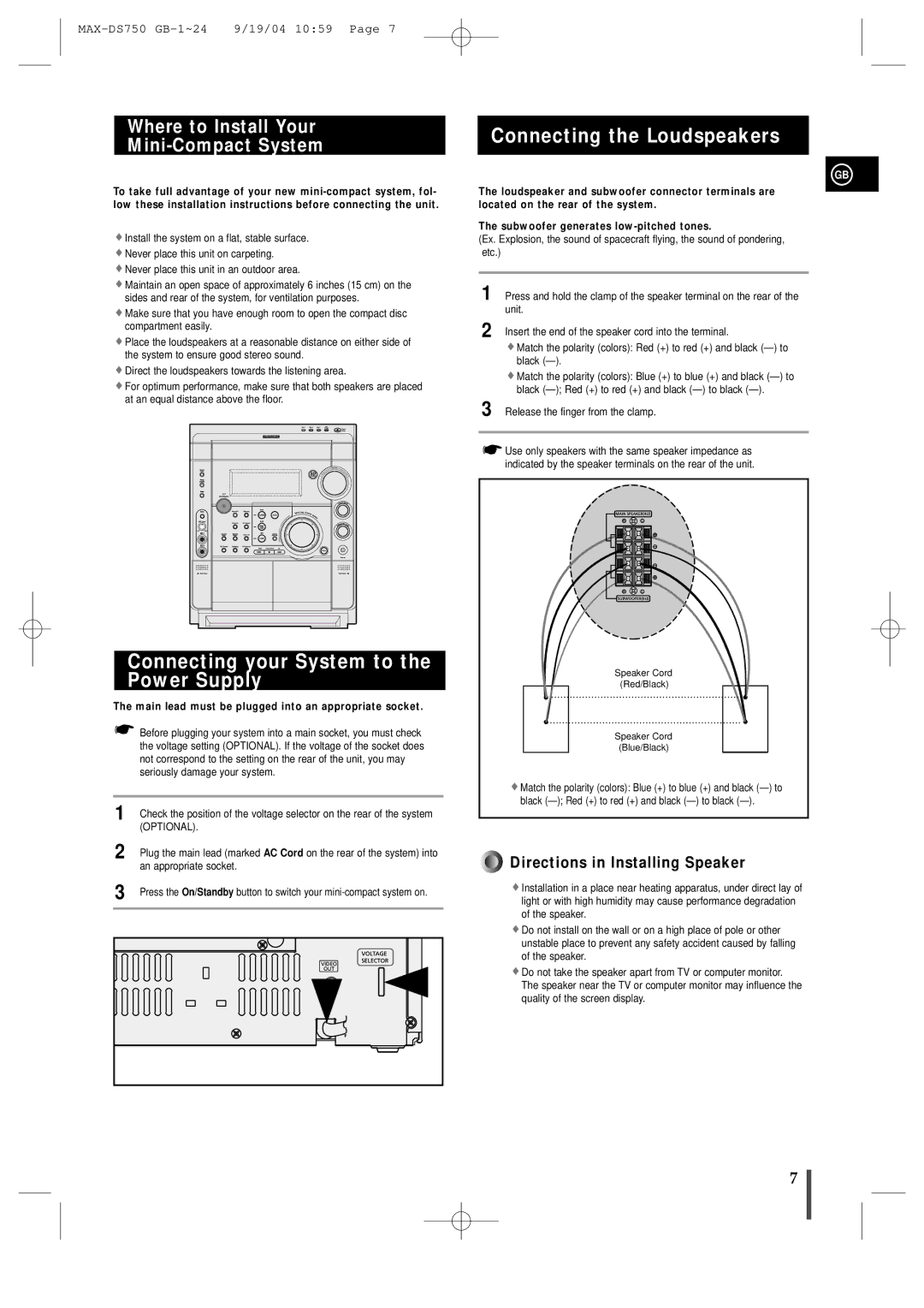 Samsung MAXDS750TH/ESN manual Connecting your System to the Power Supply, Connecting the Loudspeakers 