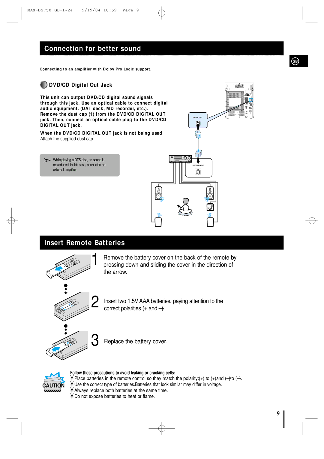 Samsung MAXDS750TH/ESN manual Connection for better sound, Insert Remote Batteries, DVD/CD Digital Out Jack 