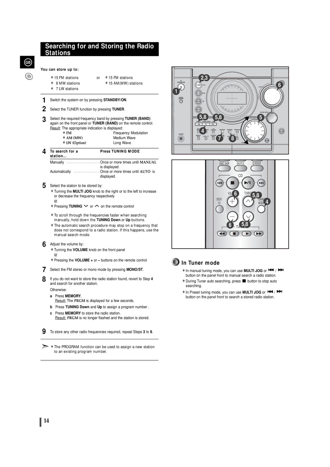 Samsung MAXJ530RH/EDC manual Searching for and Storing the Radio Stations, To search for a Press Tuning Mode Station 