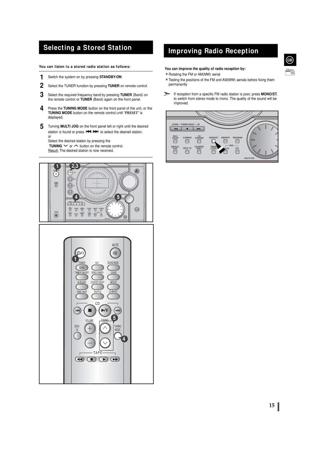 Samsung MAXJ530RH/ELS, MAXJ530RH/EDC manual Selecting a Stored Station, Improving Radio Reception 