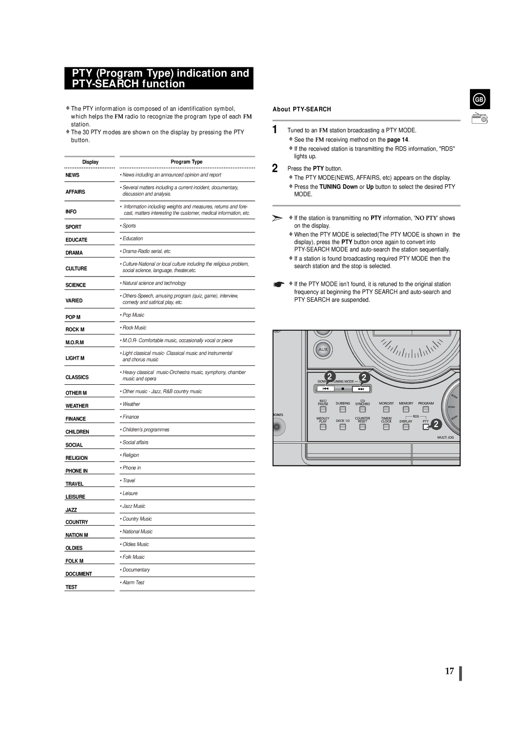 Samsung MAXJ530RH/ELS, MAXJ530RH/EDC manual PTY Program Type indication and PTY-SEARCH function, About PTY-SEARCH 