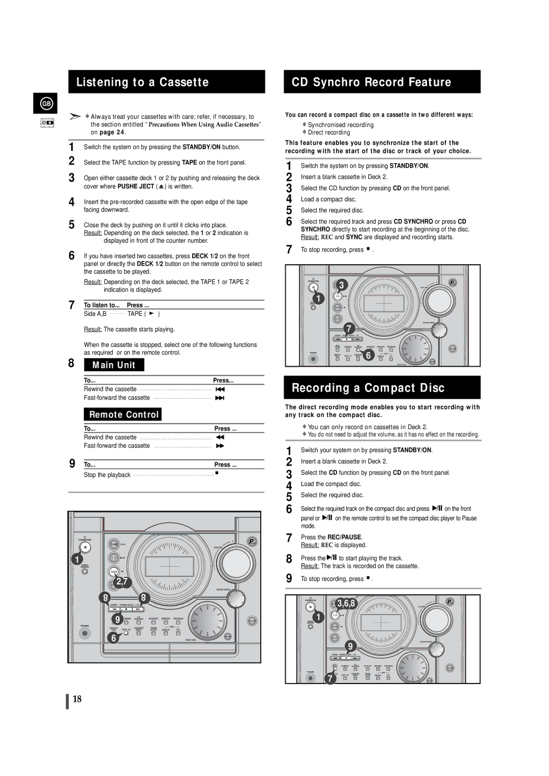 Samsung MAXJ530RH/EDC, MAXJ530RH/ELS manual Listening to a Cassette, CD Synchro Record Feature, Recording a Compact Disc 