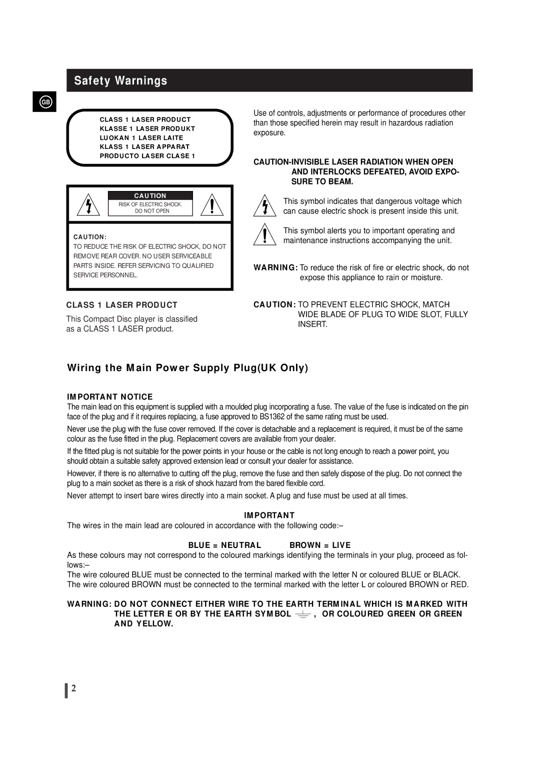 Samsung MAXJ530RH/EDC, MAXJ530RH/ELS manual Safety Warnings, Class 1 Laser Product 