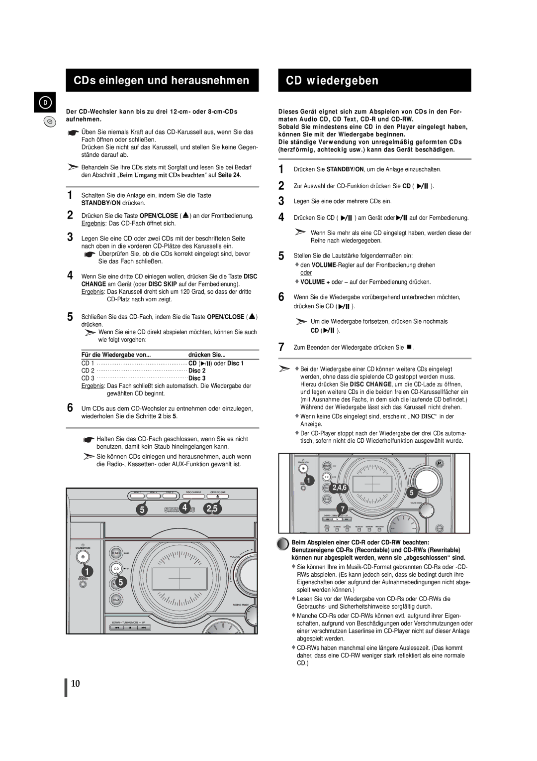 Samsung MAXJ530RH/EDC CD wiedergeben, CDs einlegen und herausnehmen, Für die Wiedergabe von Drücken Sie CD √ / » oder Disc 