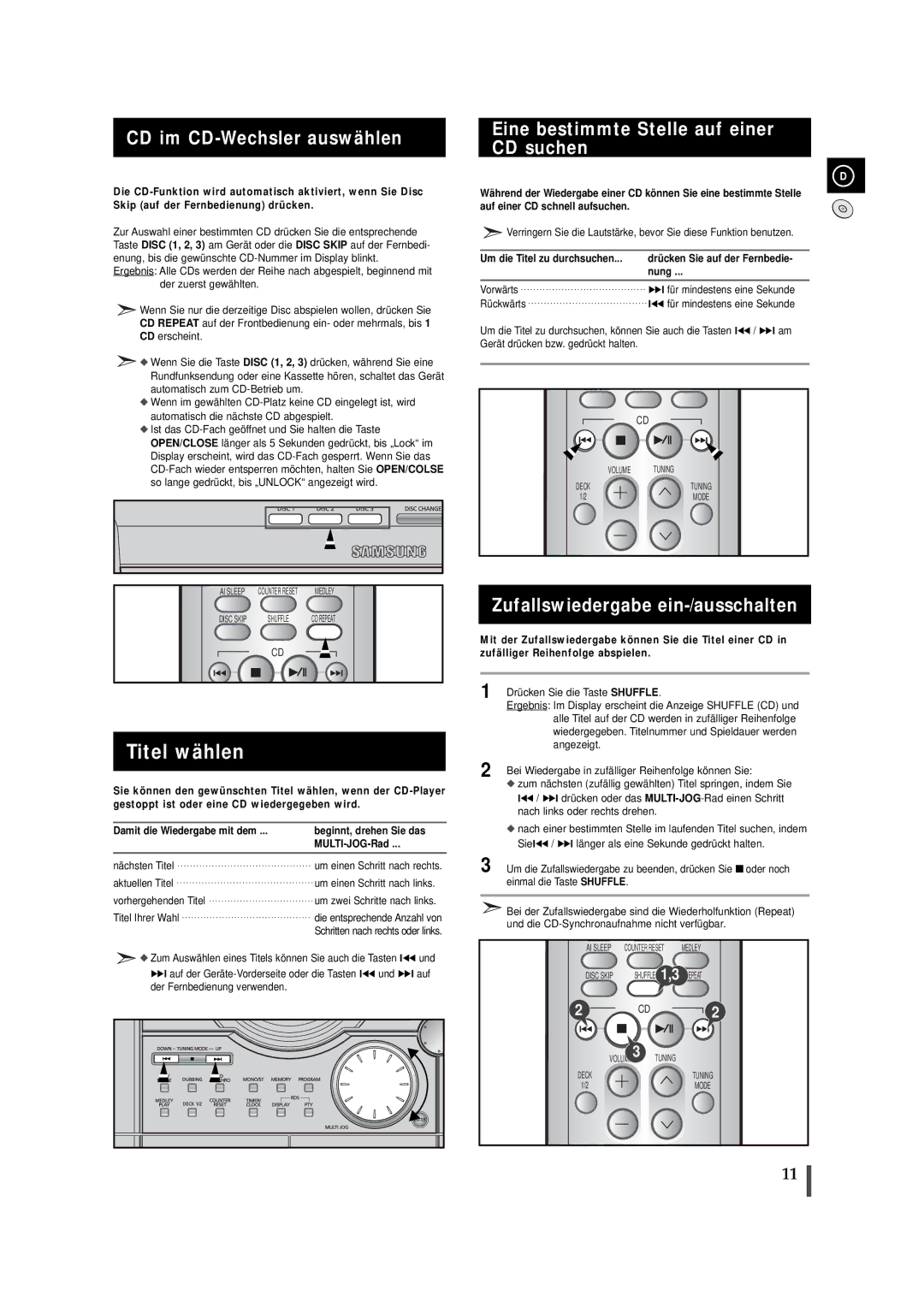 Samsung MAXJ530RH/EDC manual Titel wählen, CD im CD-Wechsler auswählen, Eine bestimmte Stelle auf einer CD suchen 