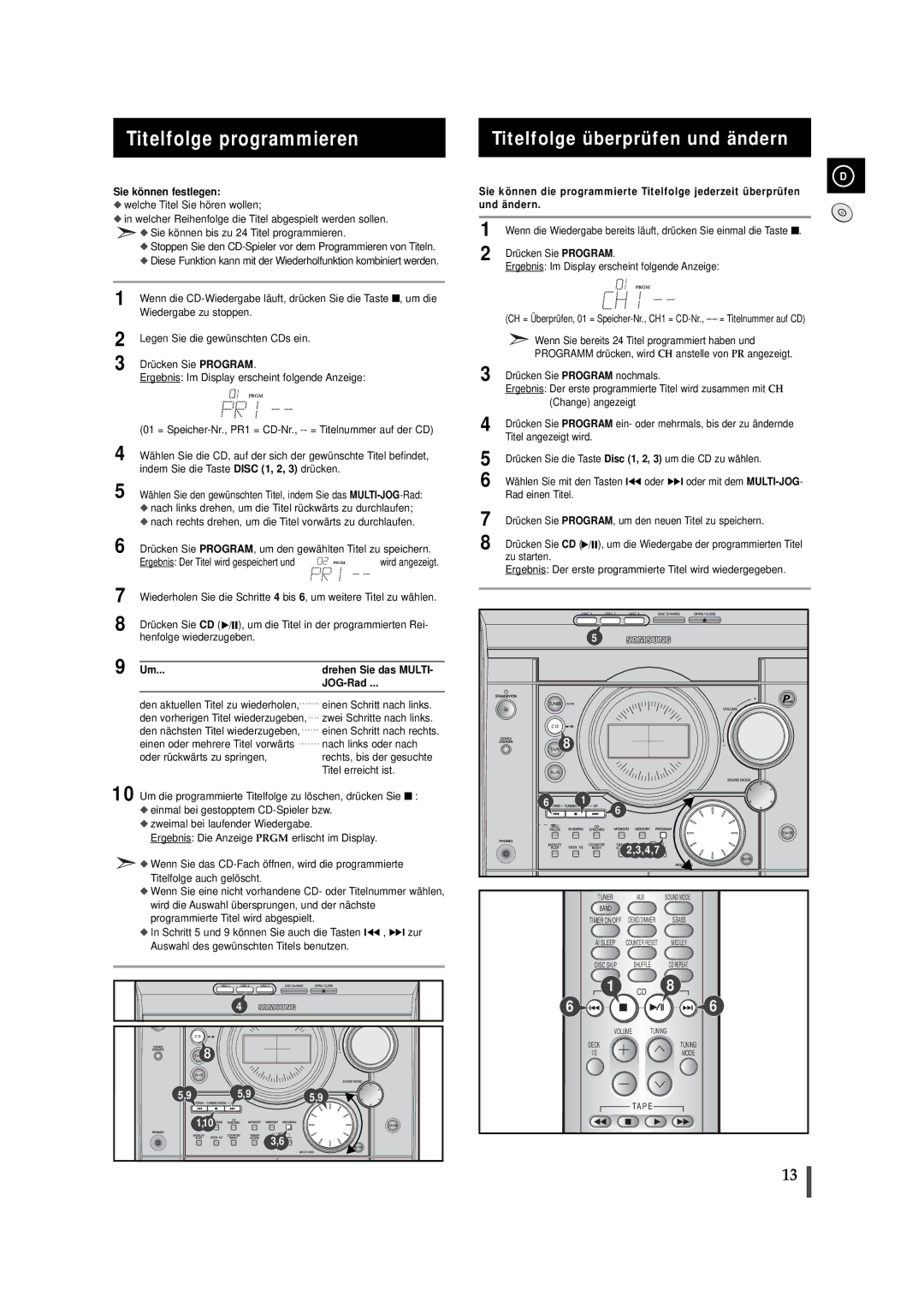 Samsung MAXJ530RH/EDC manual Titelfolge programmieren, Titelfolge überprüfen und ändern, Sie können festlegen, JOG-Rad 