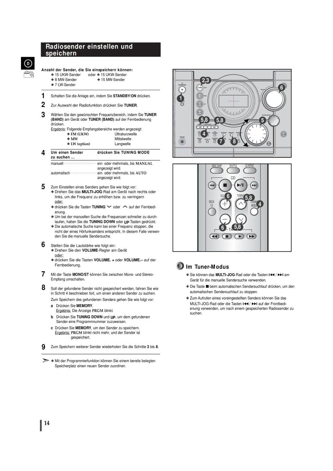 Samsung MAXJ530RH/EDC manual Radiosender einstellen und speichern, Anzahl der Sender, die Sie einspeichern können 