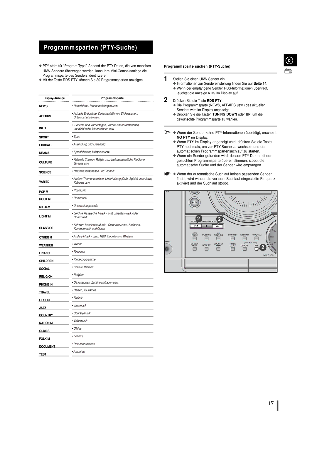 Samsung MAXJ530RH/EDC manual Programmsparten PTY-Suche, Programmsparte suchen PTY-Suche 