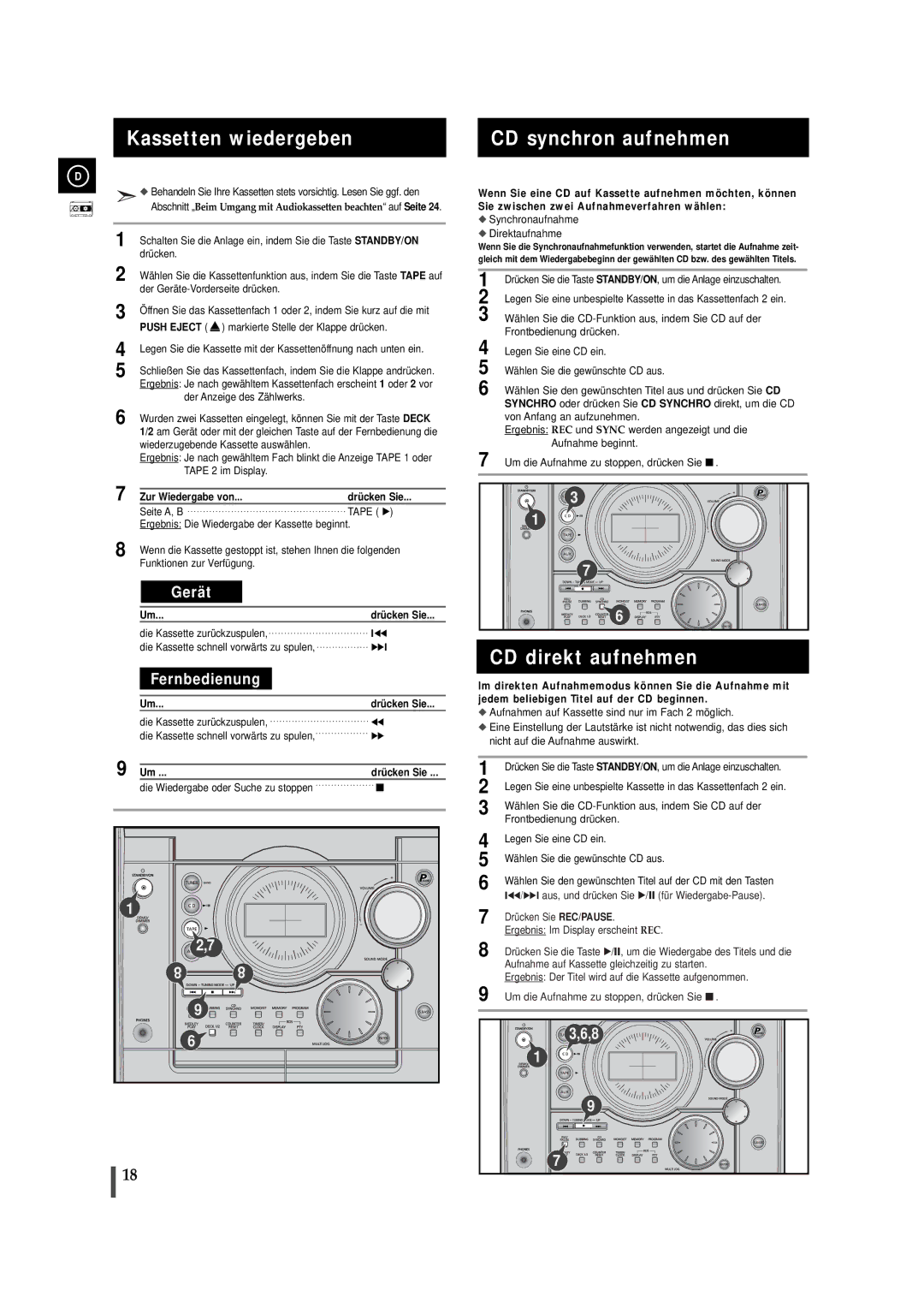 Samsung MAXJ530RH/EDC Kassetten wiedergeben, CD synchron aufnehmen, CD direkt aufnehmen, Zur Wiedergabe von Drücken Sie 