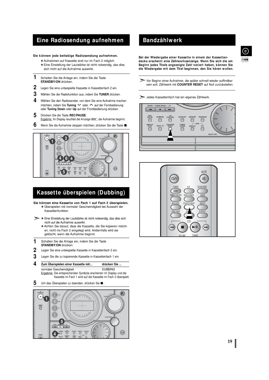 Samsung MAXJ530RH/EDC manual Eine Radiosendung aufnehmen, Bandzählwerk, Kassette überspielen Dubbing 