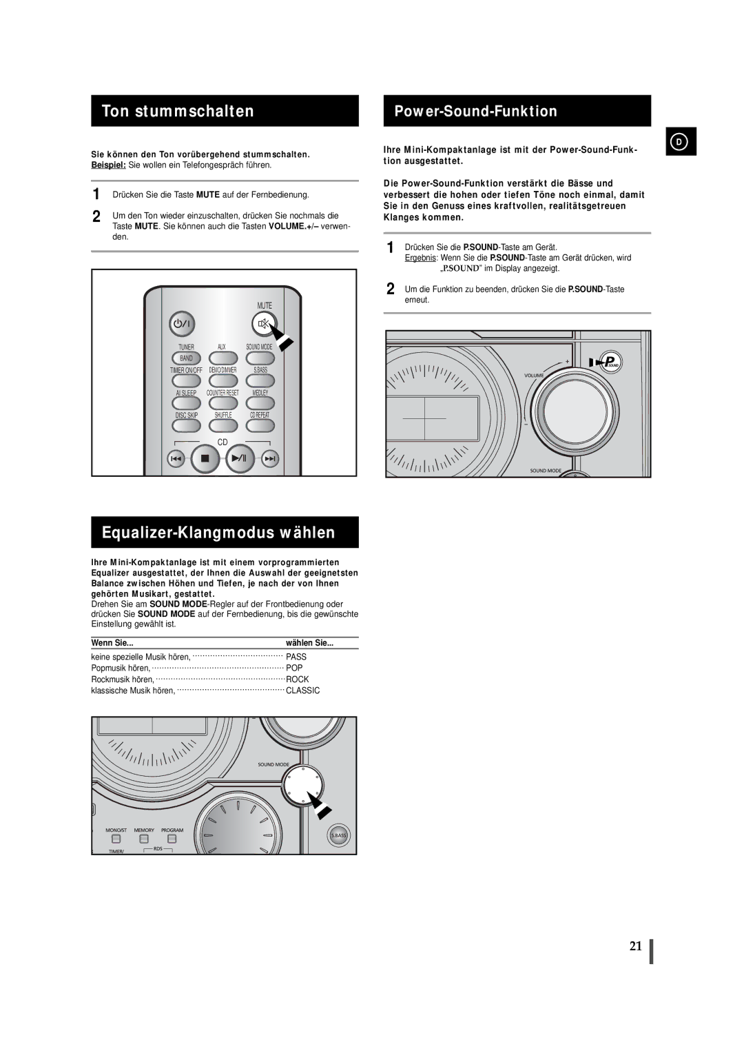 Samsung MAXJ530RH/EDC manual Ton stummschalten, Equalizer-Klangmodus wählen, Power-Sound-Funktion, Wenn Sie 