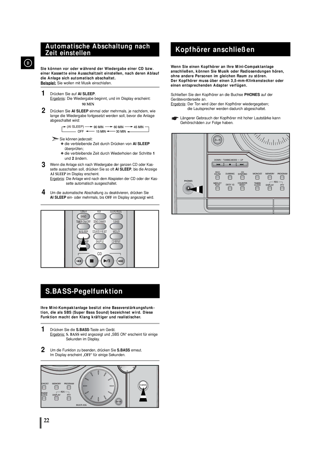 Samsung MAXJ530RH/EDC manual Kopfhörer anschließen, BASS-Pegelfunktion, Automatische Abschaltung nach Zeit einstellen 