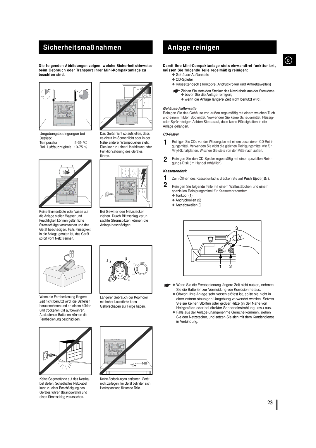 Samsung MAXJ530RH/EDC manual Sicherheitsmaßnahmen, Anlage reinigen, Wenn die Fernbedienung längere 