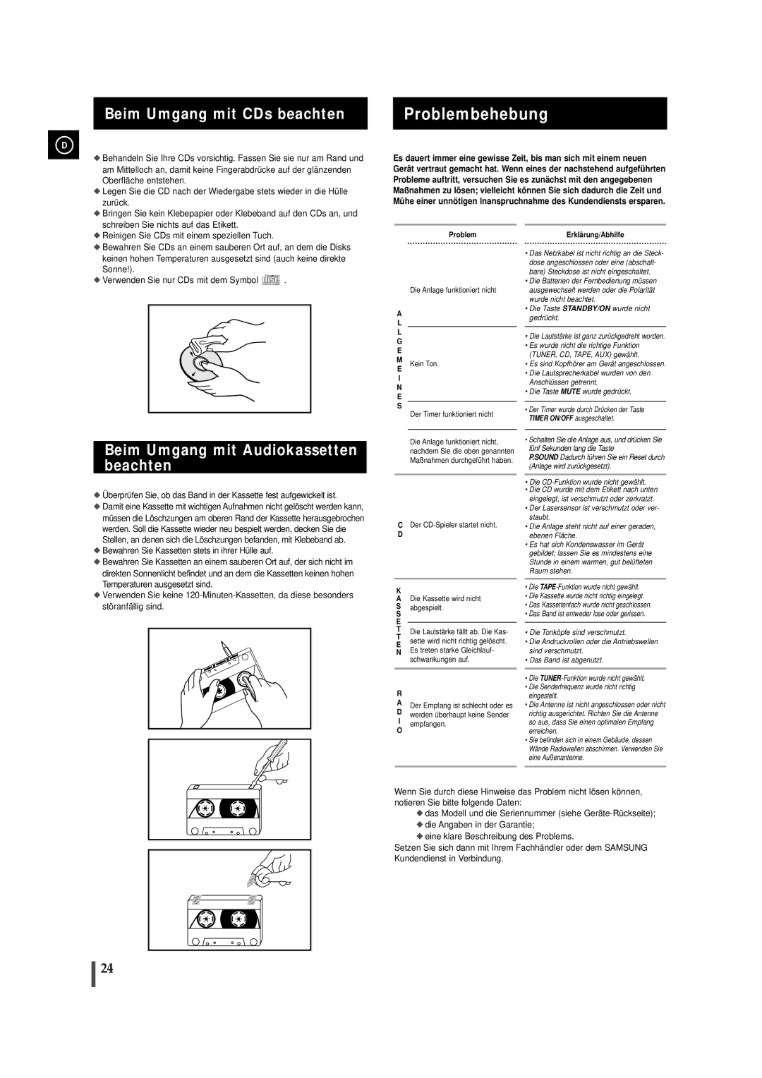 Samsung MAXJ530RH/EDC manual Problembehebung, Beim Umgang mit CDs beachten, Beim Umgang mit Audiokassetten beachten 