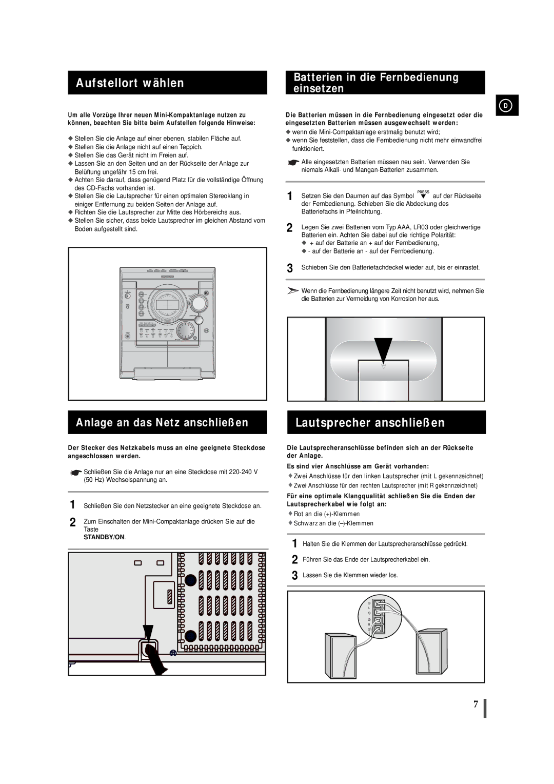 Samsung MAXJ530RH/EDC manual Aufstellort wählen, Lautsprecher anschließen, Anlage an das Netz anschließen 