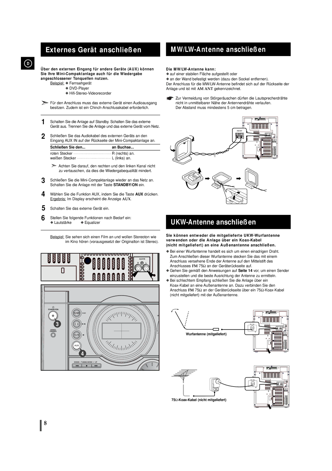 Samsung MAXJ530RH/EDC manual Externes Gerät anschließen, UKW-Antenne anschließen, MW/LW-Antenne anschließen 