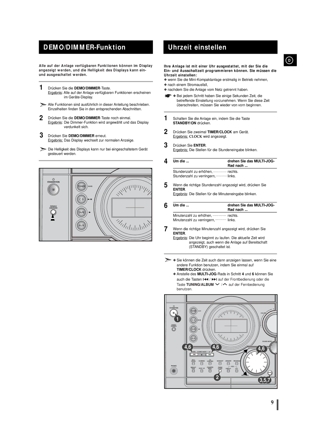 Samsung MAXJ530RH/EDC manual DEMO/DIMMER-Funktion Uhrzeit einstellen, STANDBY/ON drücken, Um die, Rad nach 