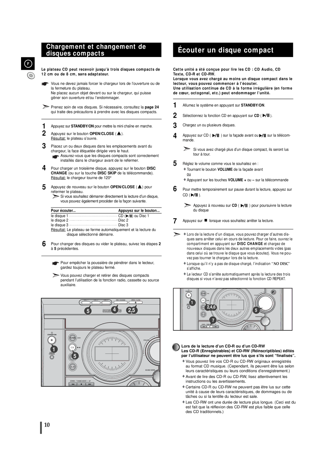 Samsung MAXJ530RH/ELS manual Écouter un disque compact, Chargement et changement de disques compacts, Pour écouter 