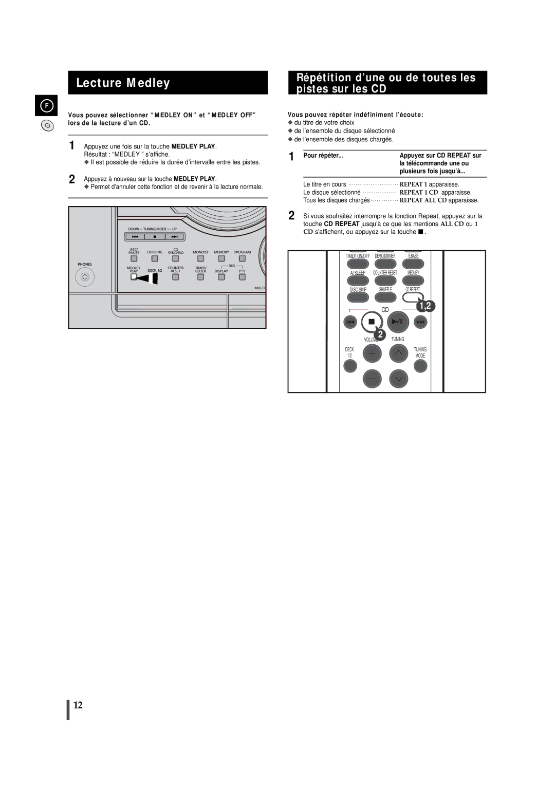 Samsung MAXJ530RH/ELS manual Lecture Medley, Répétition d’une ou de toutes les pistes sur les CD, Pour répéter 