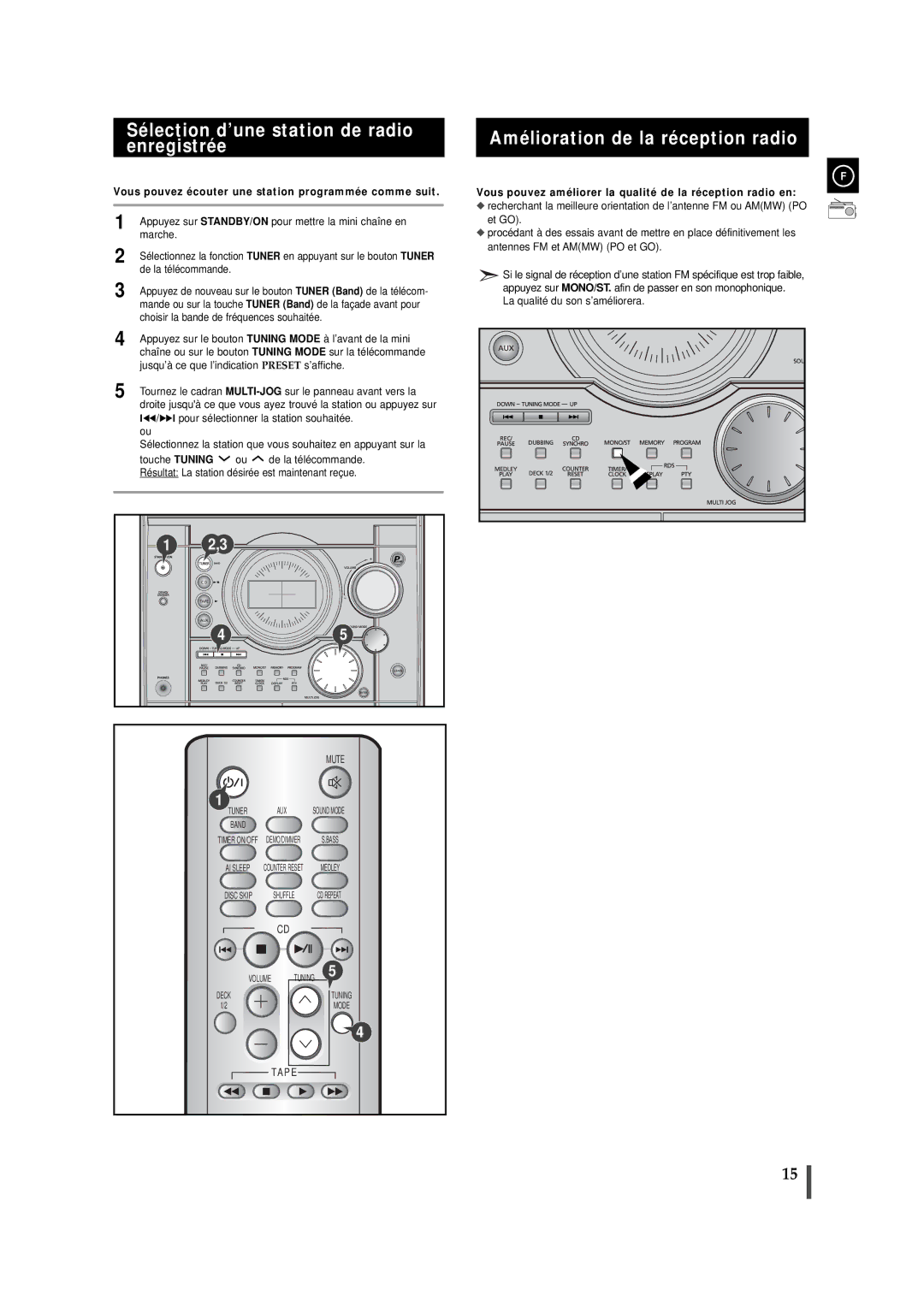 Samsung MAXJ530RH/ELS manual Sélection d’une station de radio enregistrée, Amélioration de la réception radio 