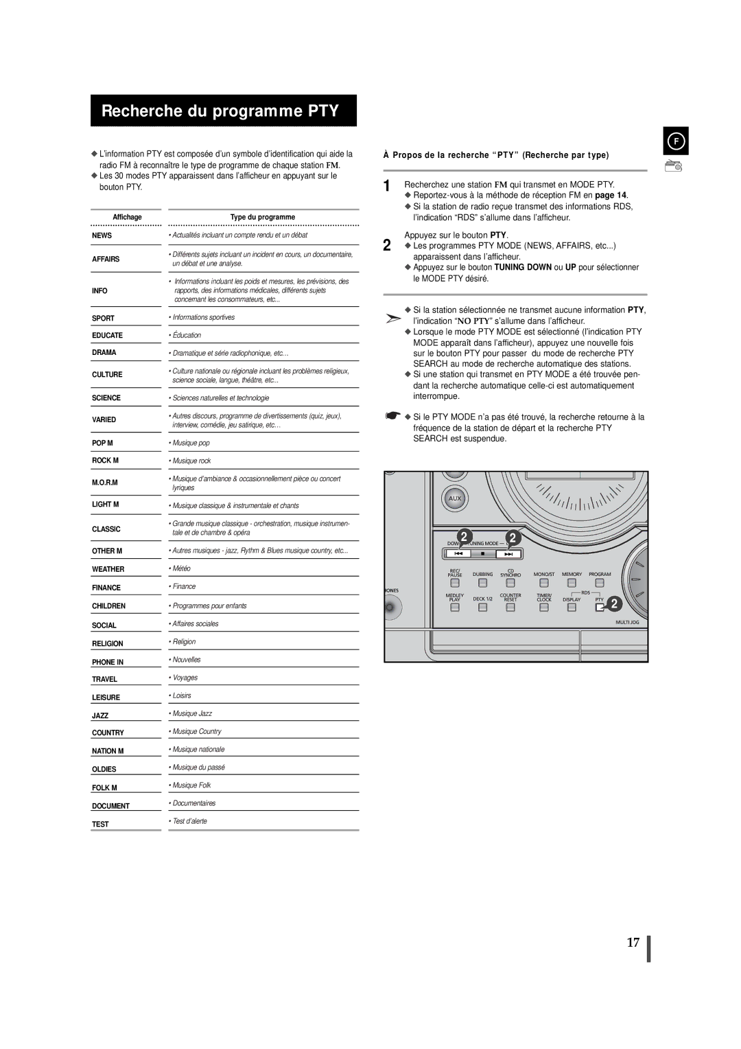 Samsung MAXJ530RH/ELS manual Recherche du programme PTY, Propos de la recherche PTY Recherche par type 