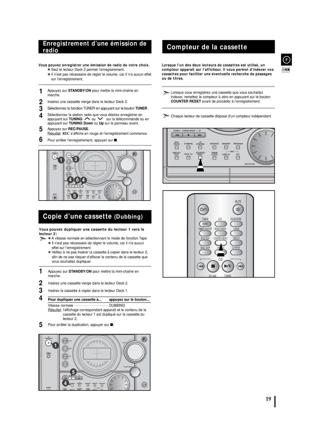 Samsung MAXJ530RH/ELS manual Copie d’une cassette Dubbing, Compteur de la cassette, Enregistrement d’une émission de radio 