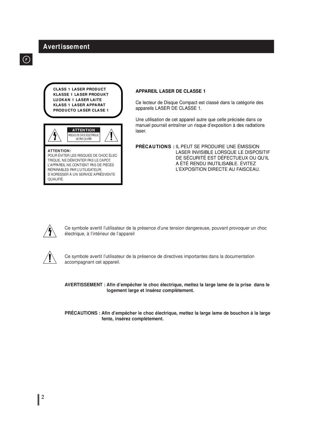 Samsung MAXJ530RH/ELS manual Avertissement, Appareil Laser DE Classe 