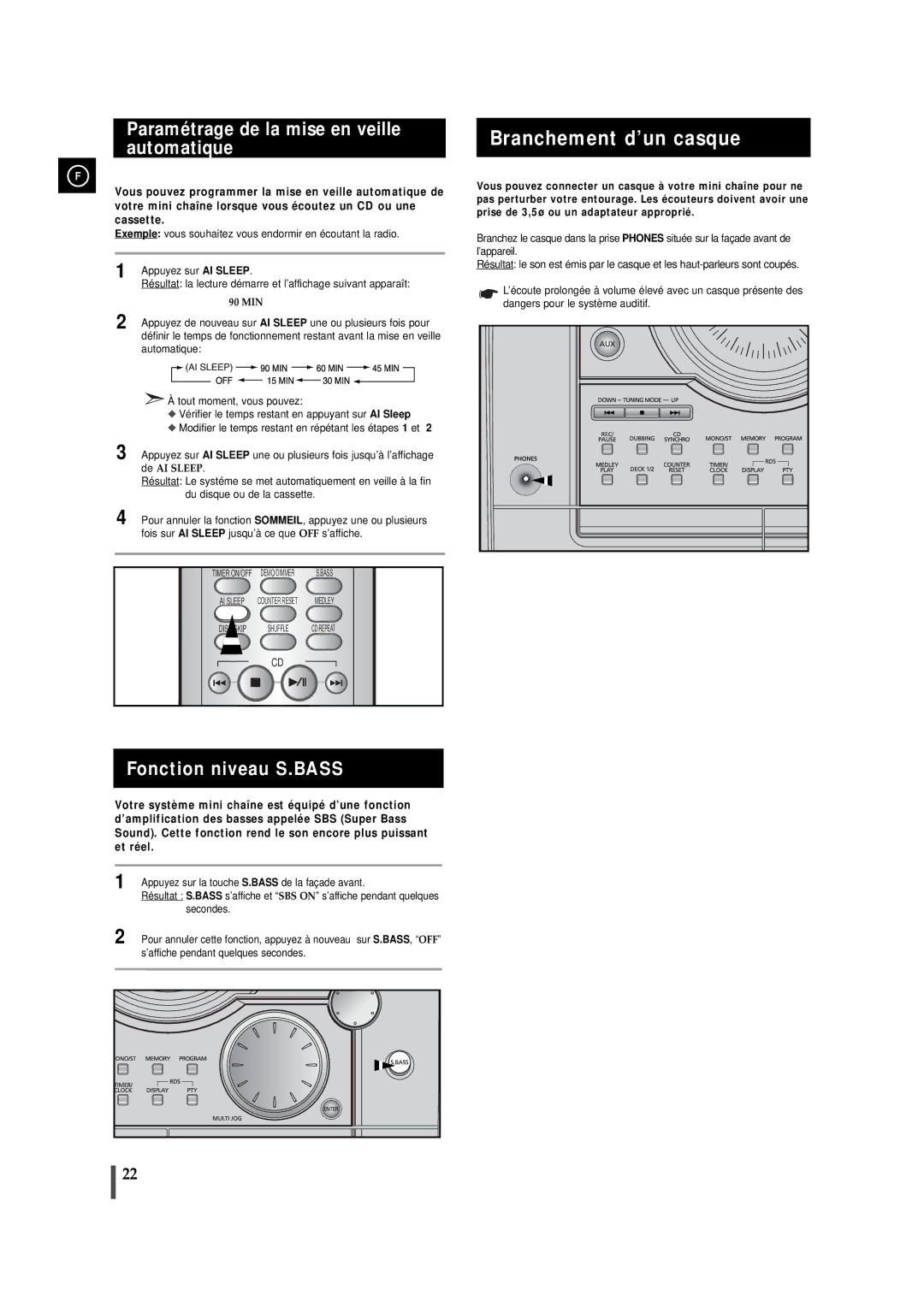 Samsung MAXJ530RH/ELS manual Branchement d’un casque, Paramétrage de la mise en veille automatique, Fonction niveau S.BASS 