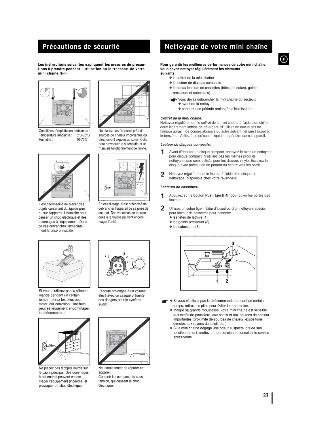 Samsung MAXJ530RH/ELS manual Précautions de sécurité Nettoyage de votre mini chaîne, Humidité 10-75% 