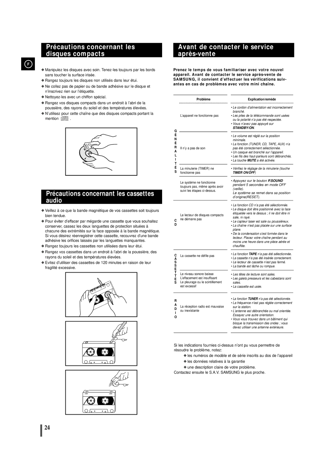 Samsung MAXJ530RH/ELS manual Précautions concernant les disques compacts, Avant de contacter le service après-vente 