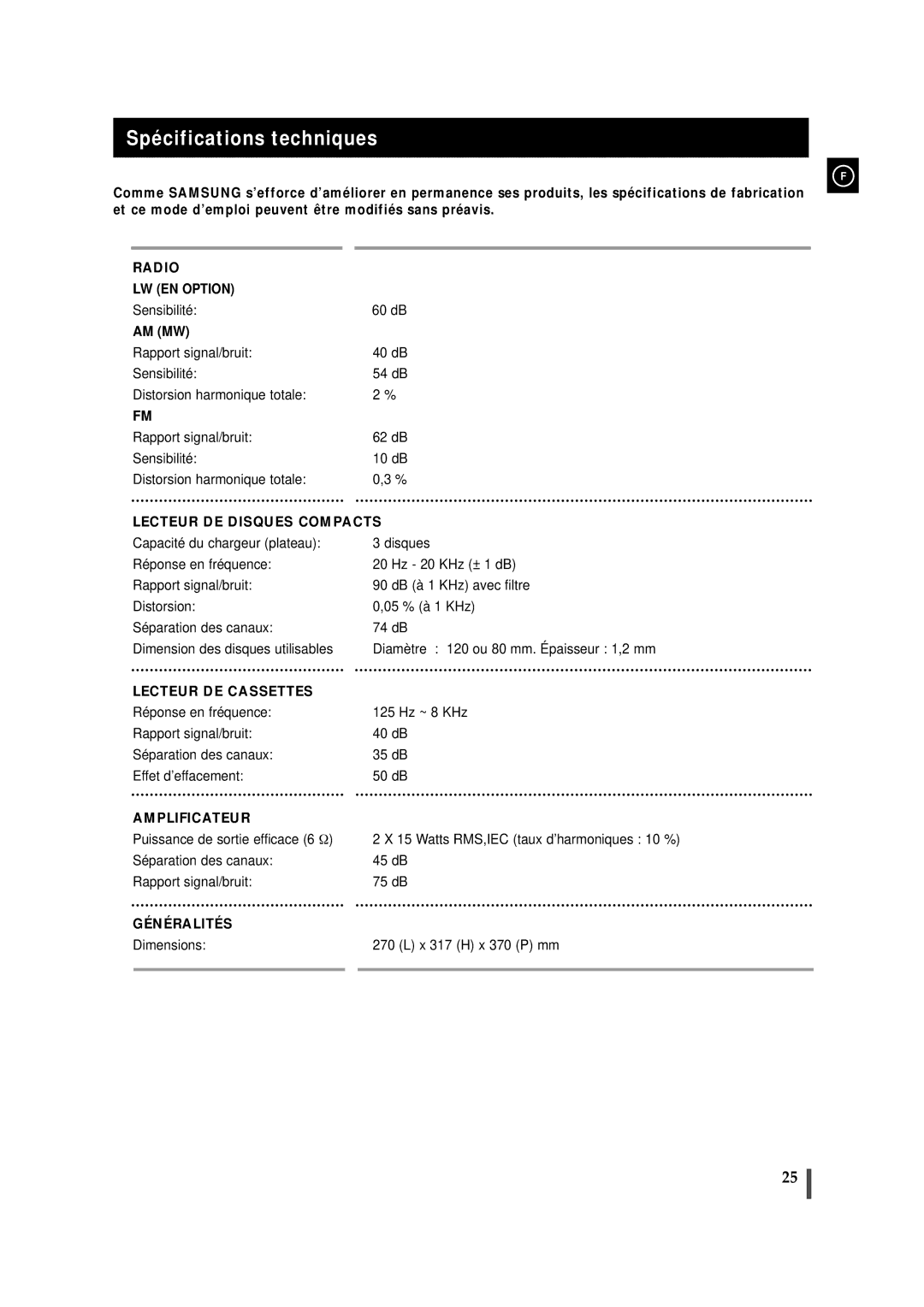 Samsung MAXJ530RH/ELS manual Spécifications techniques, Lecteur DE Disques Compacts 