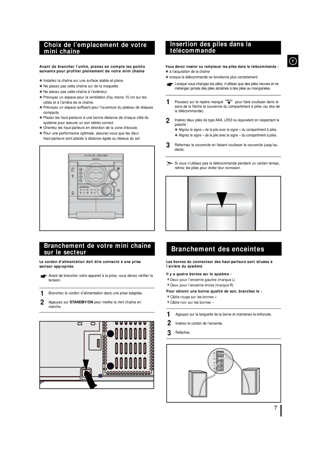 Samsung MAXJ530RH/ELS manual Branchement des enceintes, Choix de l’emplacement de votre mini chaîne 