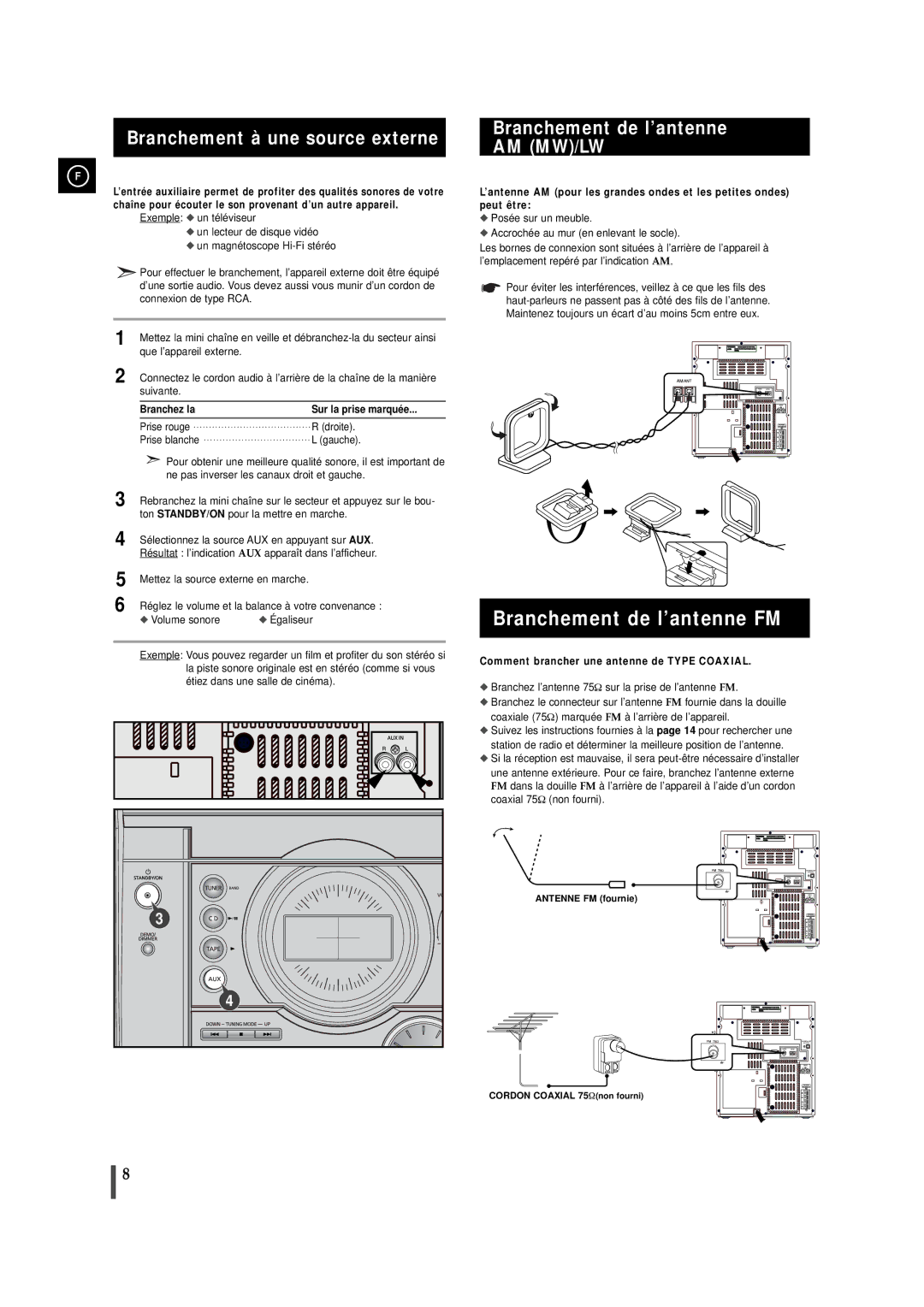 Samsung MAXJ530RH/ELS manual Branchement de l’antenne FM, Branchement à une source externe, Branchez la 