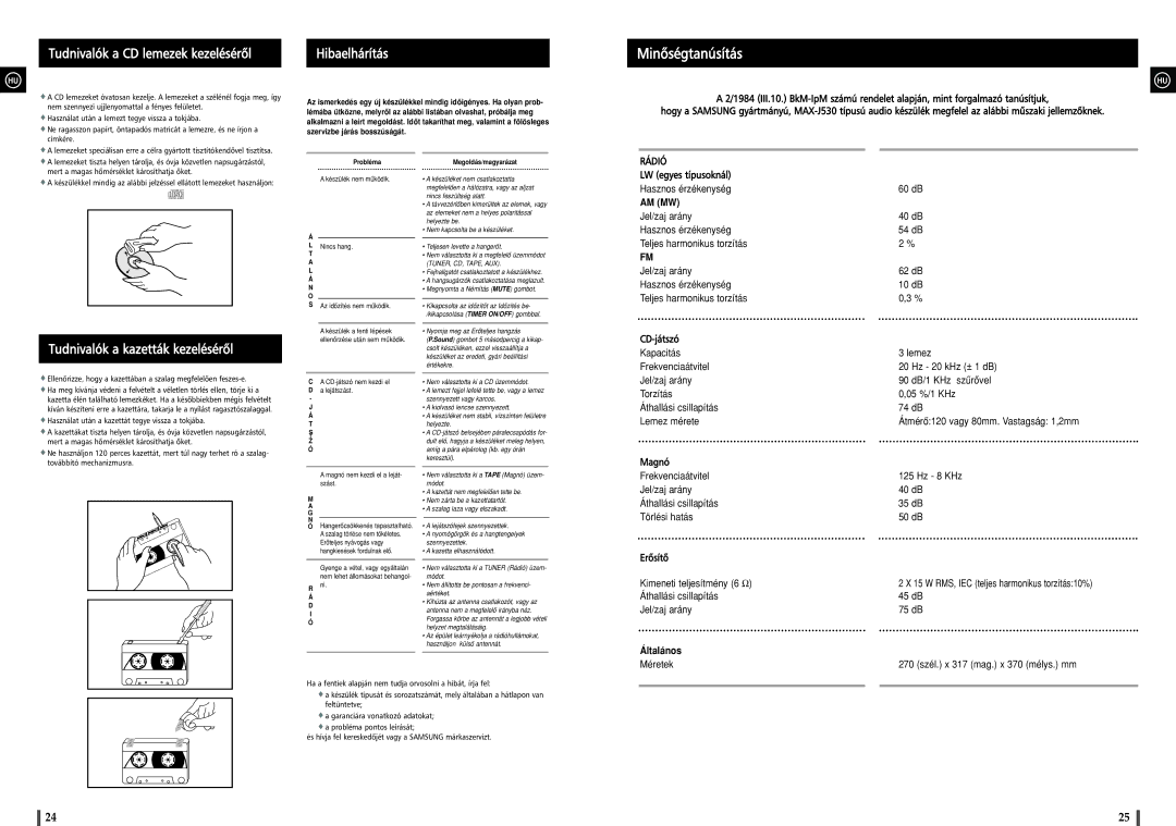 Samsung MAXJ530RH/ELS manual Minôségtanúsítás, Tudnivalók a CD lemezek kezelésérôl 