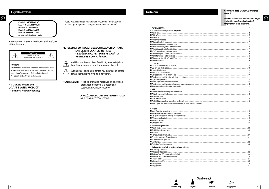 Samsung MAXJ530RH/ELS manual Figyelmeztetés, Tartalom 