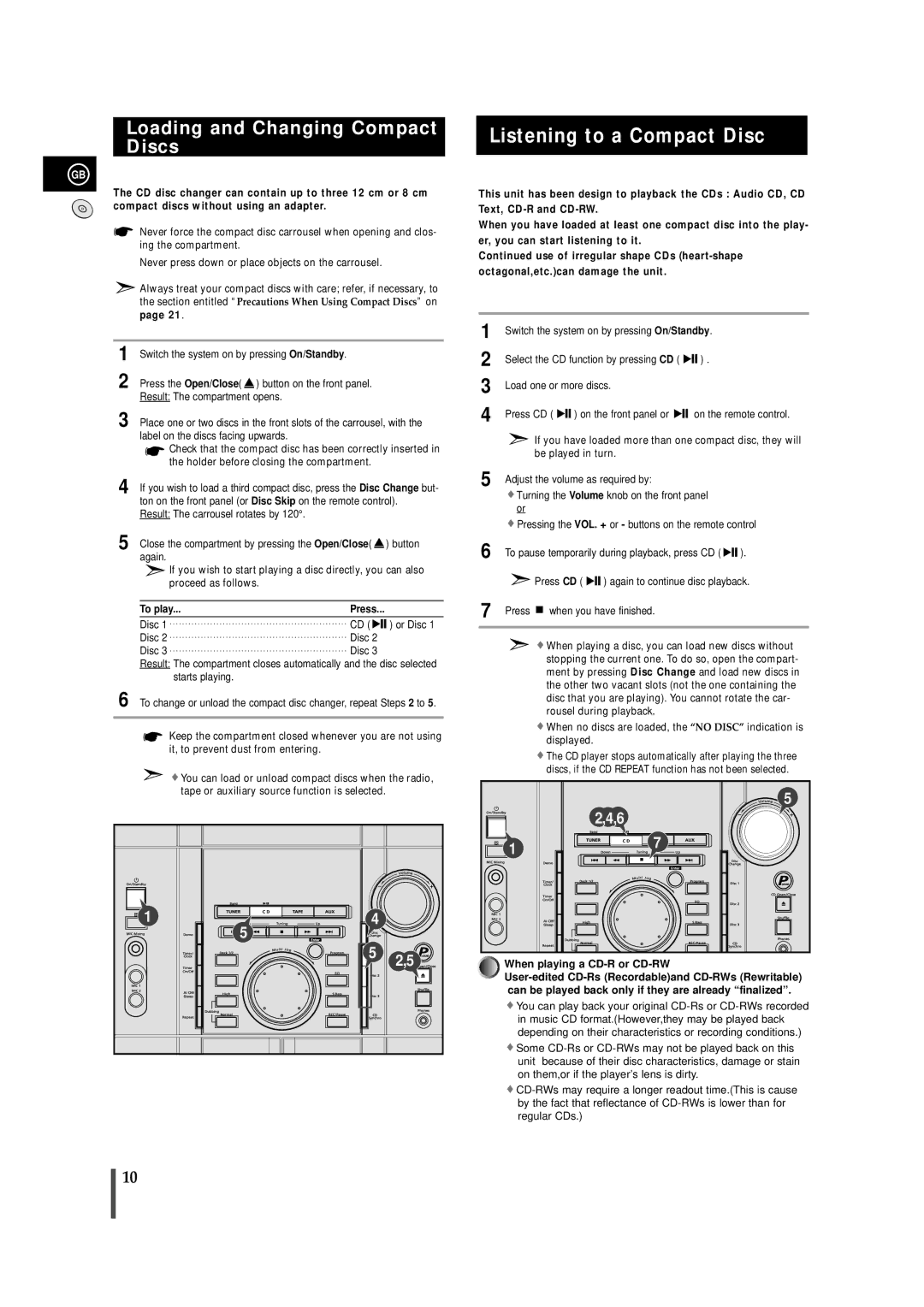 Samsung MAXL45FH/UMG manual Listening to a Compact Disc, Loading and Changing Compact Discs, To play 