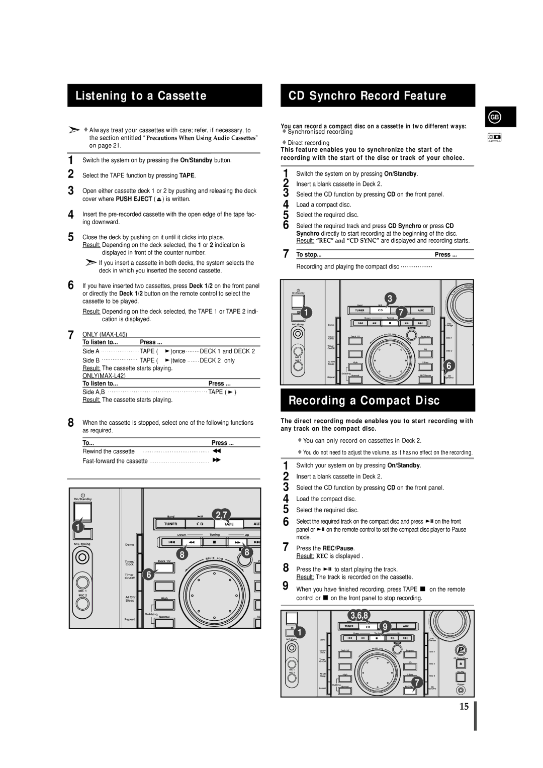 Samsung MAXL45FH/UMG manual Listening to a Cassette, CD Synchro Record Feature, Recording a Compact Disc 