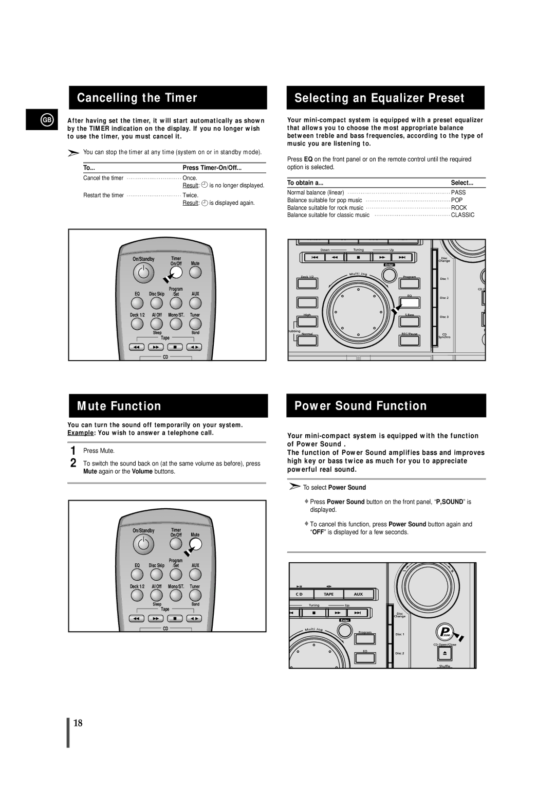 Samsung MAXL45FH/UMG manual Cancelling the Timer, Selecting an Equalizer Preset, Mute Function, Power Sound Function 