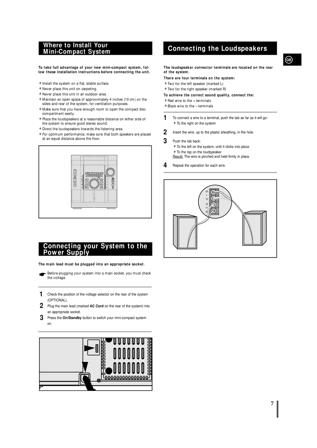 Samsung MAXL45FH/UMG manual Connecting your System to the Power Supply, Connecting the Loudspeakers 