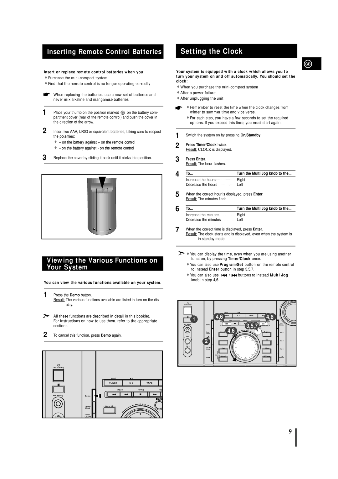 Samsung MAXL45FH/UMG Setting the Clock, Inserting Remote Control Batteries, Viewing the Various Functions on Your System 