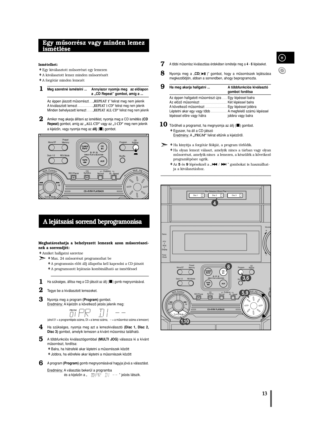 Samsung MAXL65RH/ELS manual Lejátszási sorrend beprogramozása, Egy mûsorrész vagy minden lemez ismétlése, Ismételhet 