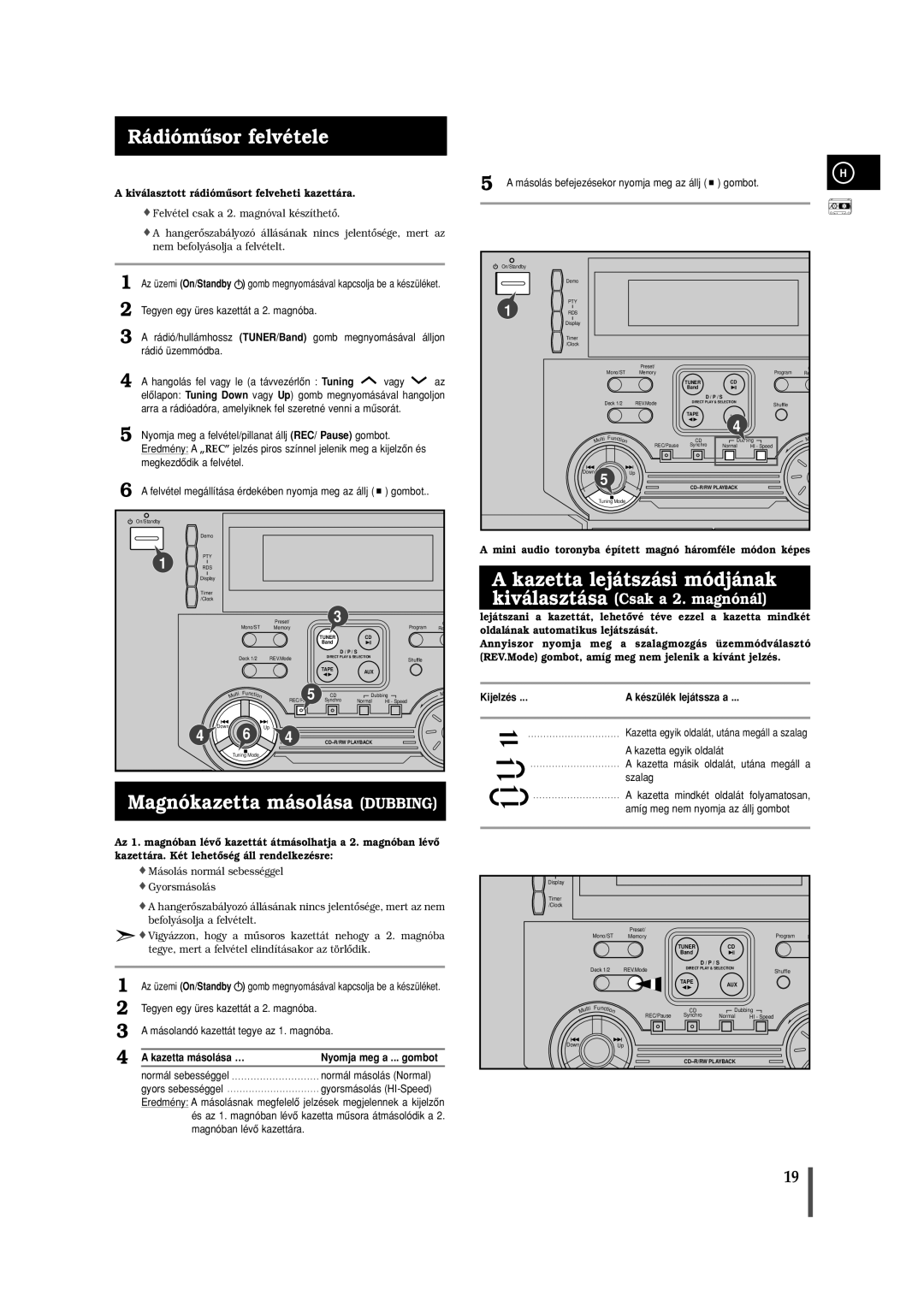 Samsung MAXL65RH/ELS Rádiómûsor felvétele, Magnókazetta másolása Dubbing, Kazetta lejátszási módjának, Kazetta másolása … 