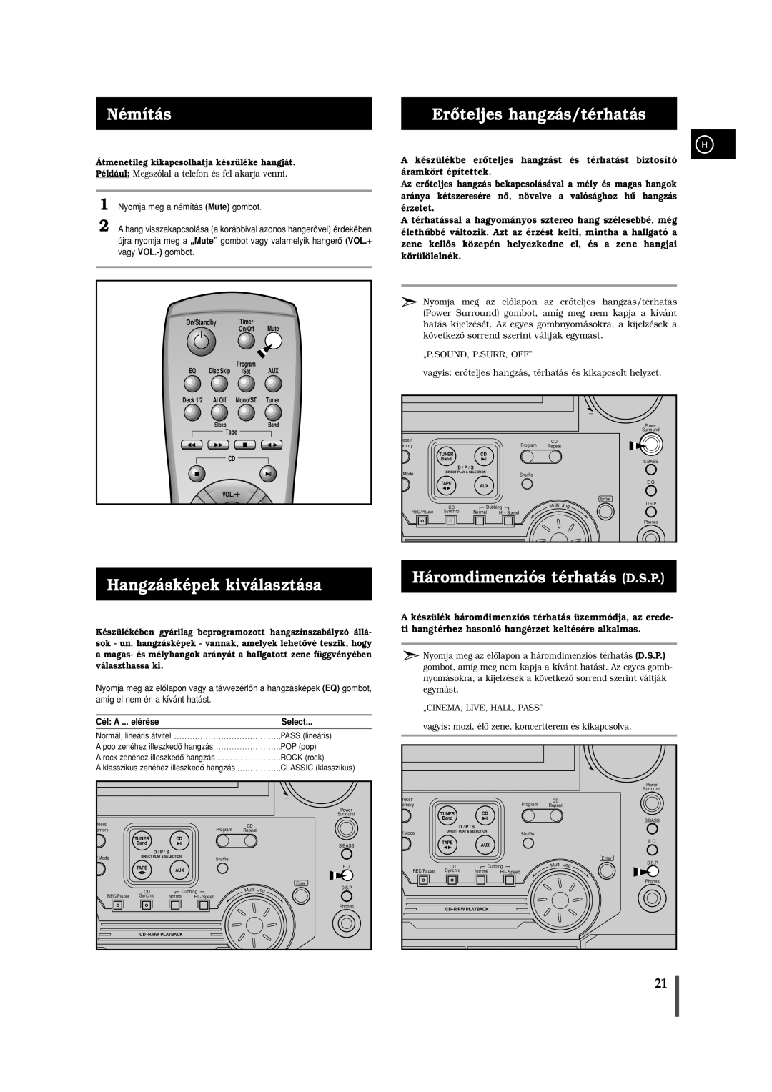 Samsung MAXL65RH/ELS manual Némítás, Erôteljes hangzás/térhatás, Hangzásképek kiválasztása, Háromdimenziós térhatás D.S.P 