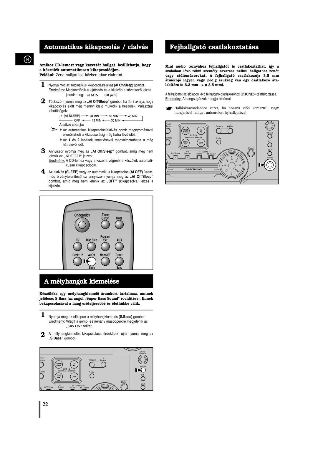 Samsung MAXL65RH/ELS manual Fejhallgató csatlakoztatása, Mélyhangok kiemelése, Automatikus kikapcsolás / elalvás 